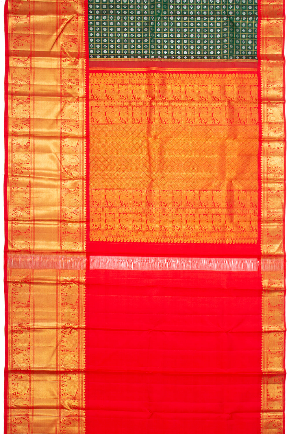 Kanchipuram Silk Checks And Butta Bottle Green Saree
