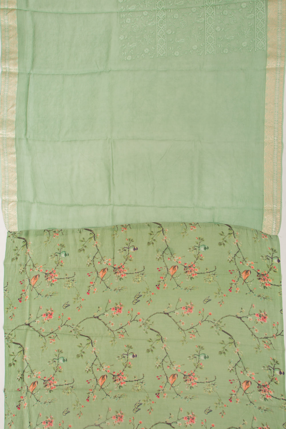 Organza Floral Embroidery Green Saree