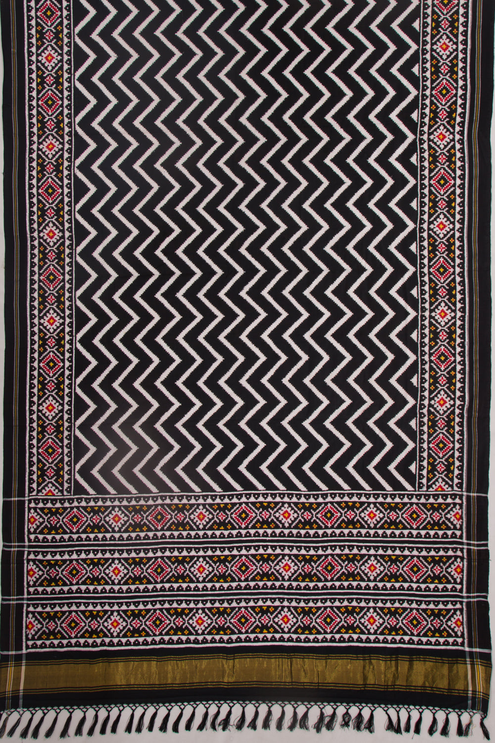 Patan Patola Silk Ikat Chevron Black And White Saree