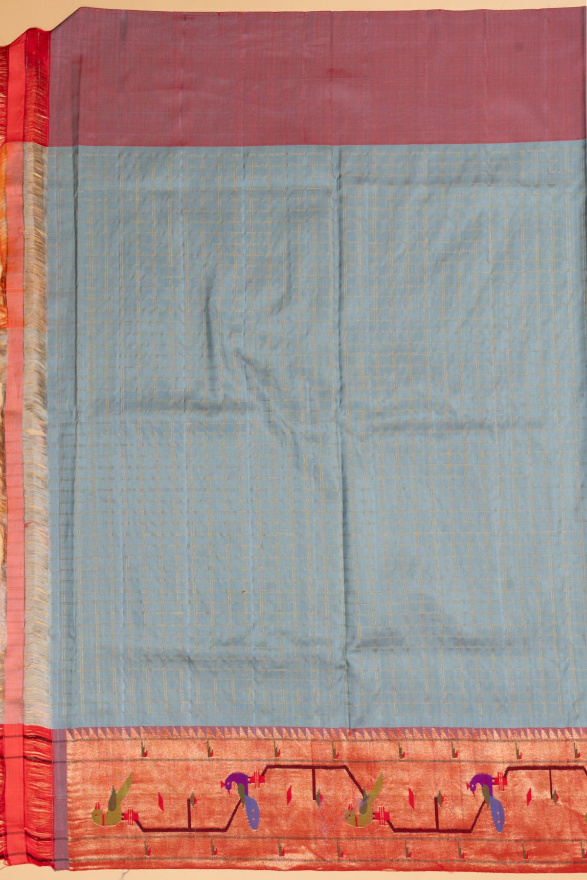 Paithani Silk Checks Grey Saree With Akruthi Border