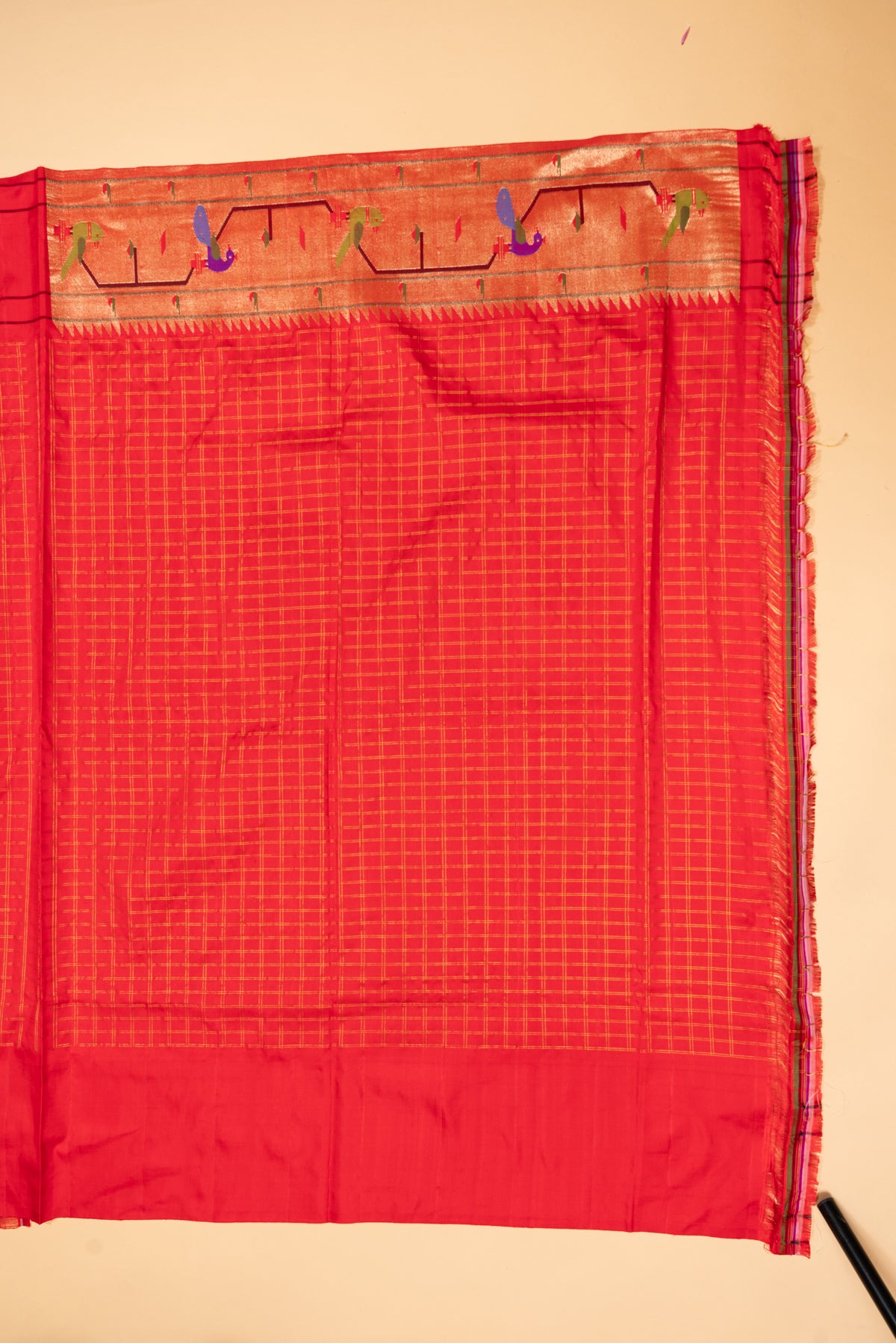 Paithani Silk Checks Red Saree With Akruthi Border