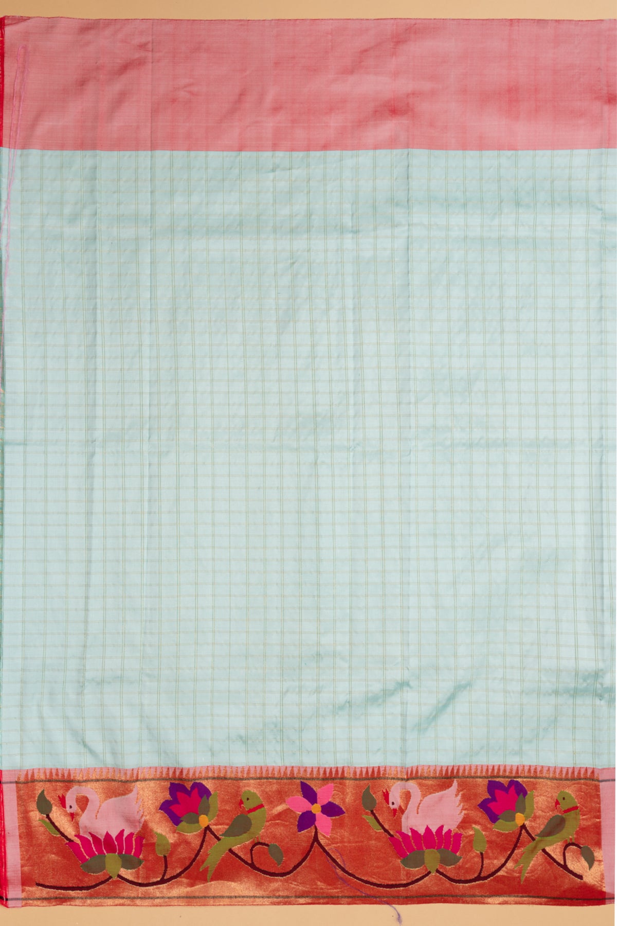 Paithani Silk Checks Pastel Blue Saree With Padma Kamal Border