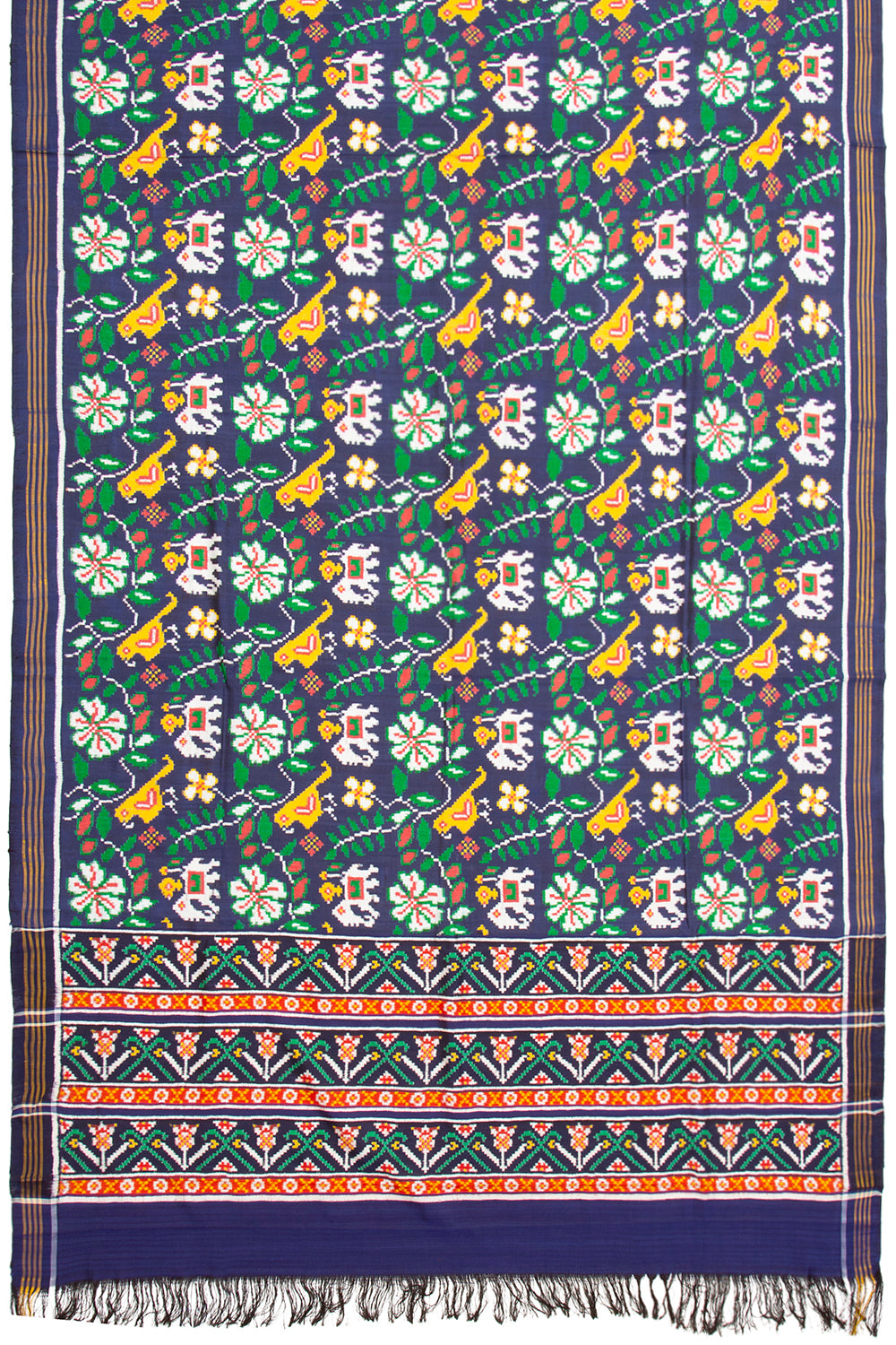 Patan Patola Silk Double Ikat Hathi Popat Phul Bhat Dark Blue Saree