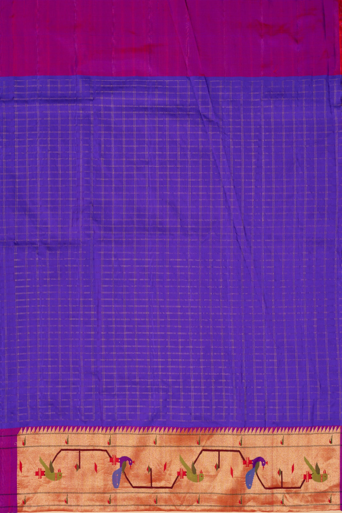 Paithani Silk Checks Violet Saree With Akruthi Border