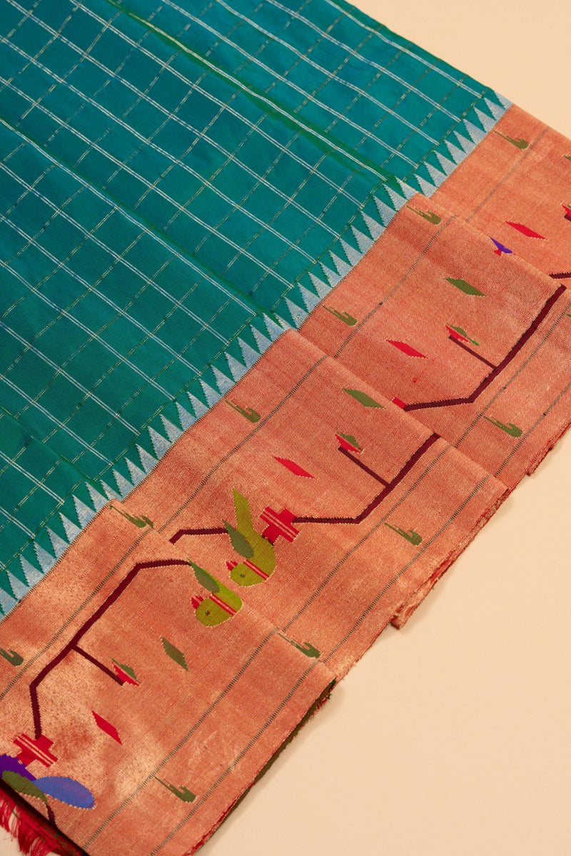 Paithani Silk Checks Teal Blue Saree With Akruthi Border