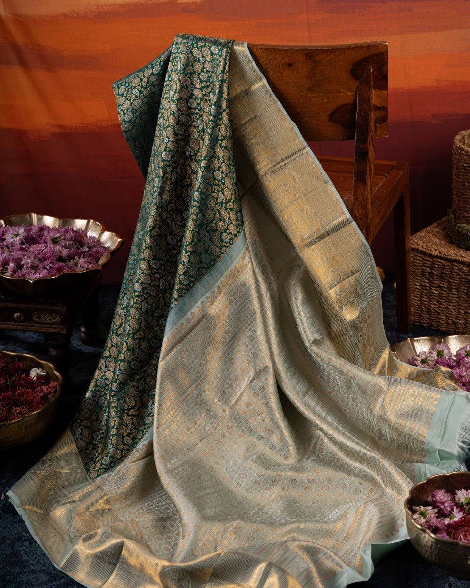 Kanchipuram Silk Brocade Bottle Green Saree