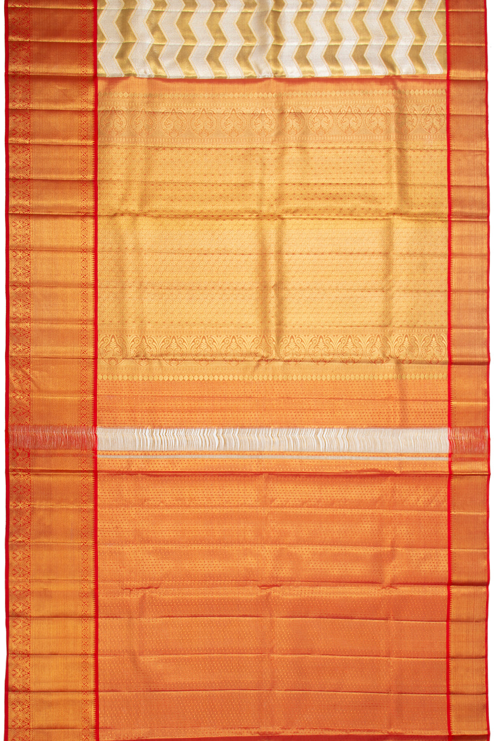 Kanchipuram Silk Tissue Zig Zag Lines Gold And White Saree