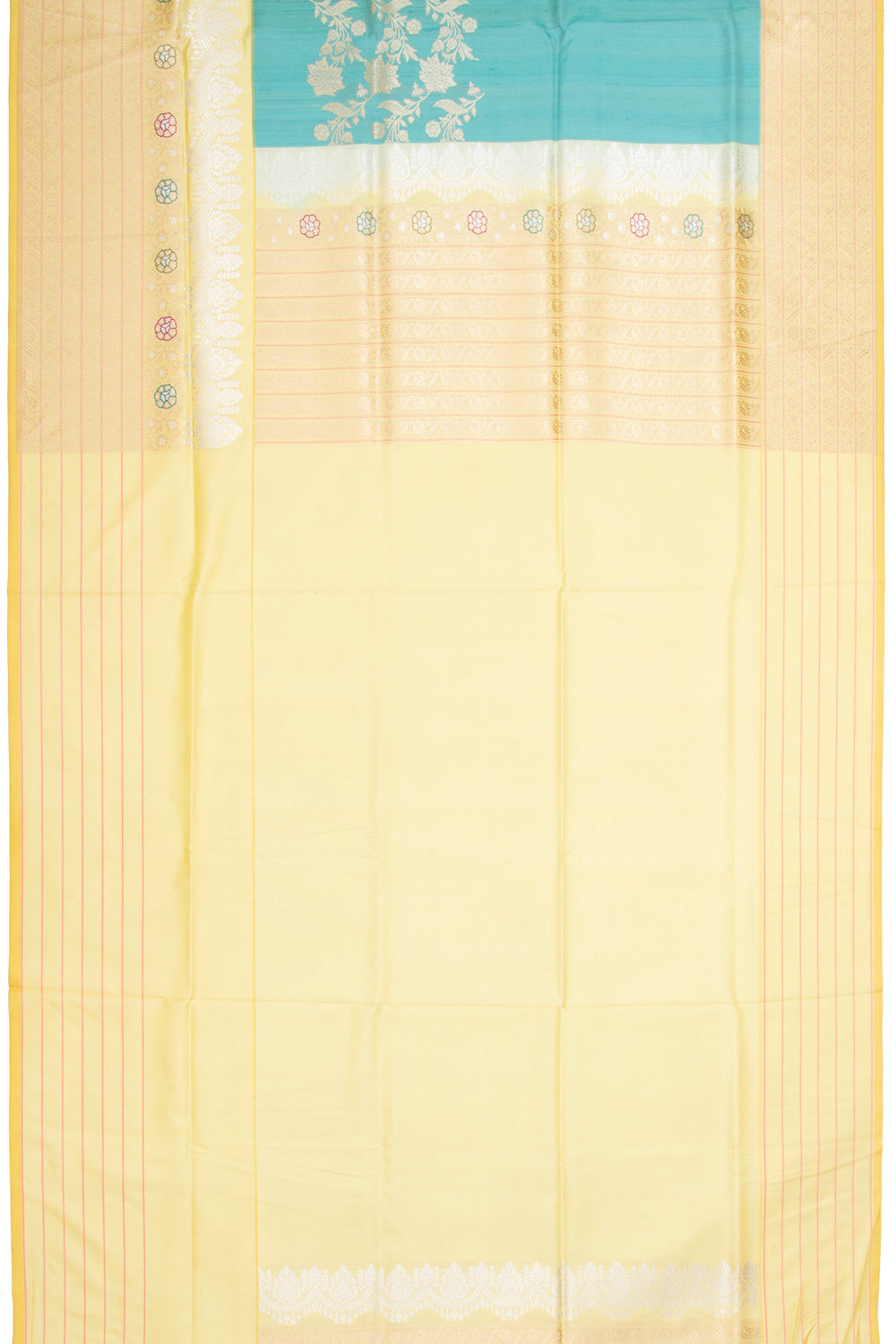 Banarasi Silk And Tussar Half-n-Half Cream And Sky Blue Saree