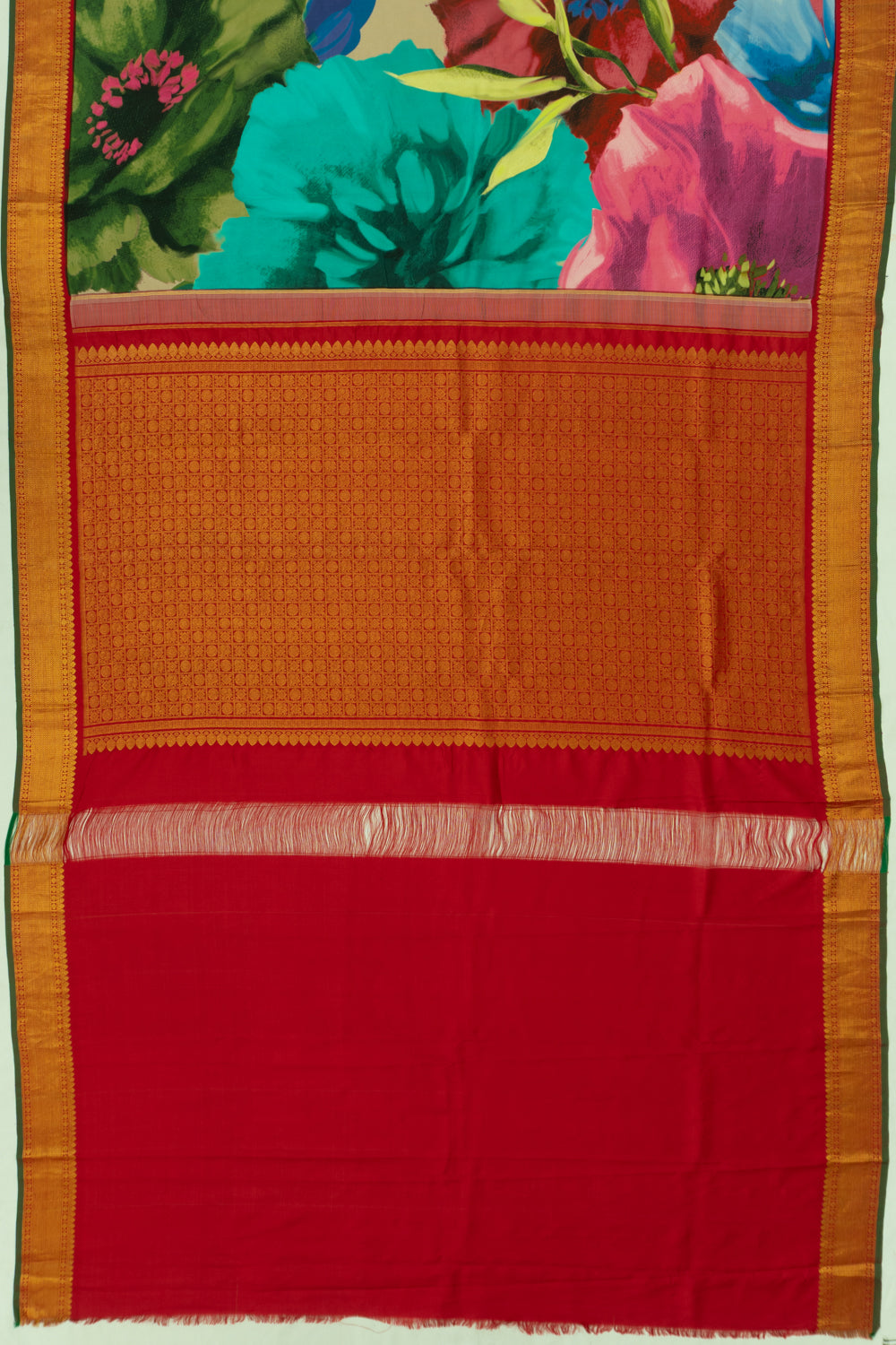 Kanchipuram Silk Floral Printed Green Saree