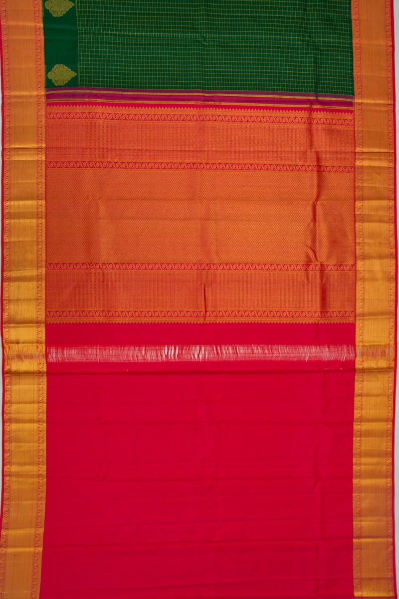 Kanchipuram Silk Checks Dark Green Saree