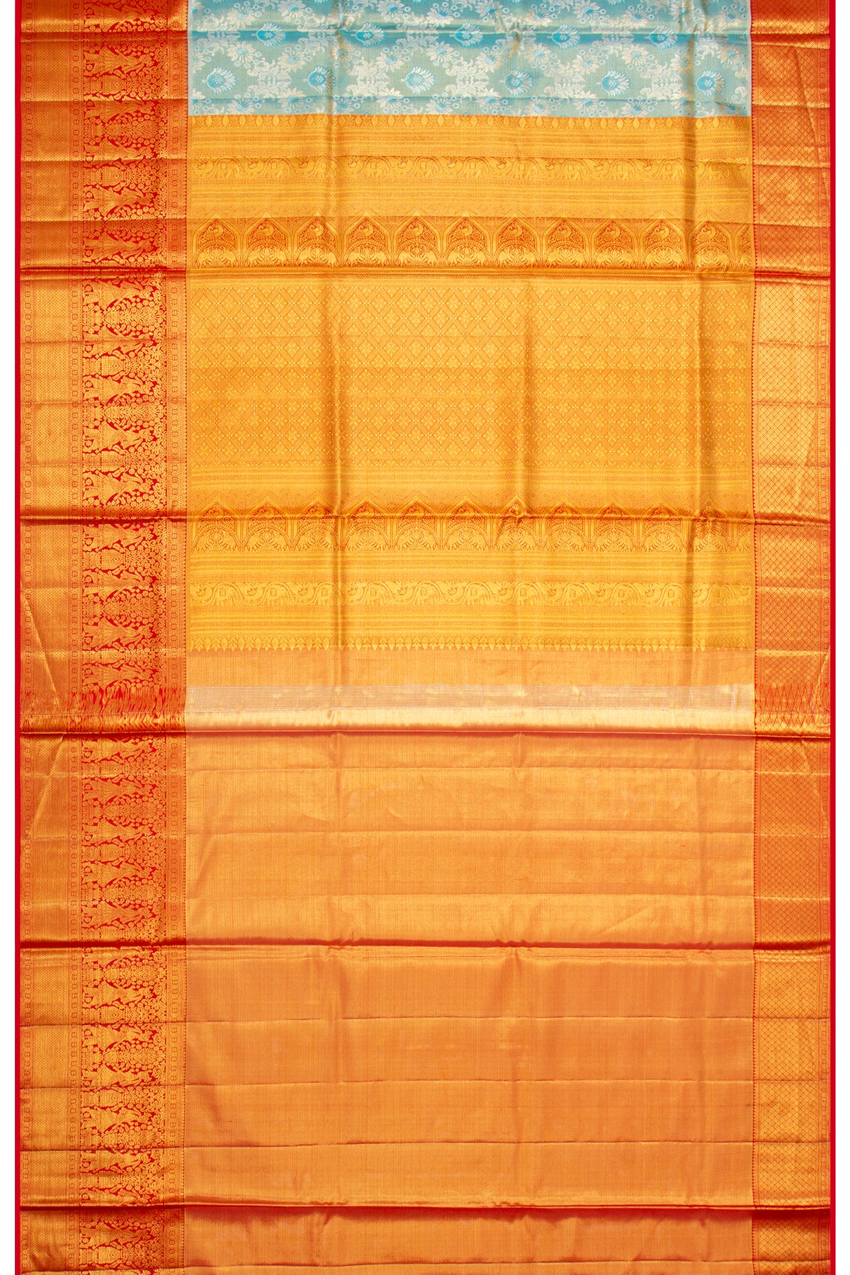 Kanchipuram Silk Tissue Criss Cross Checks And Butta Sky Blue Saree