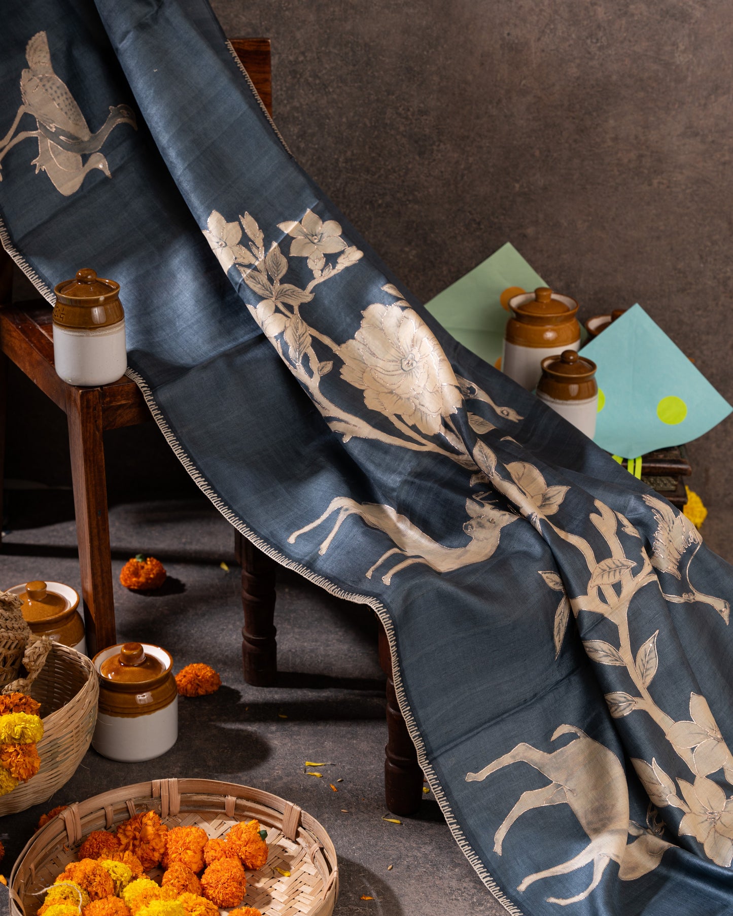 Steel Blue Tussar Floral Saree with Gold Zari Aari Work