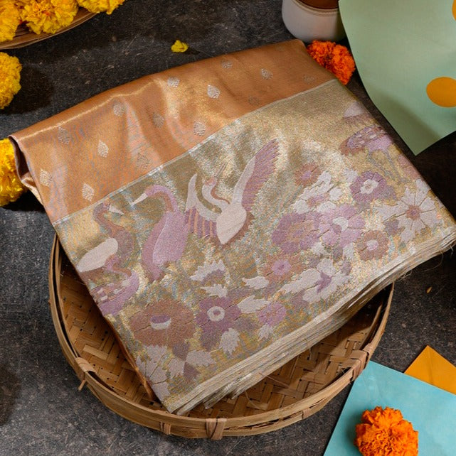 Gold and Silver Kanchipuram Silk Tissue Saree with Bird Motifs