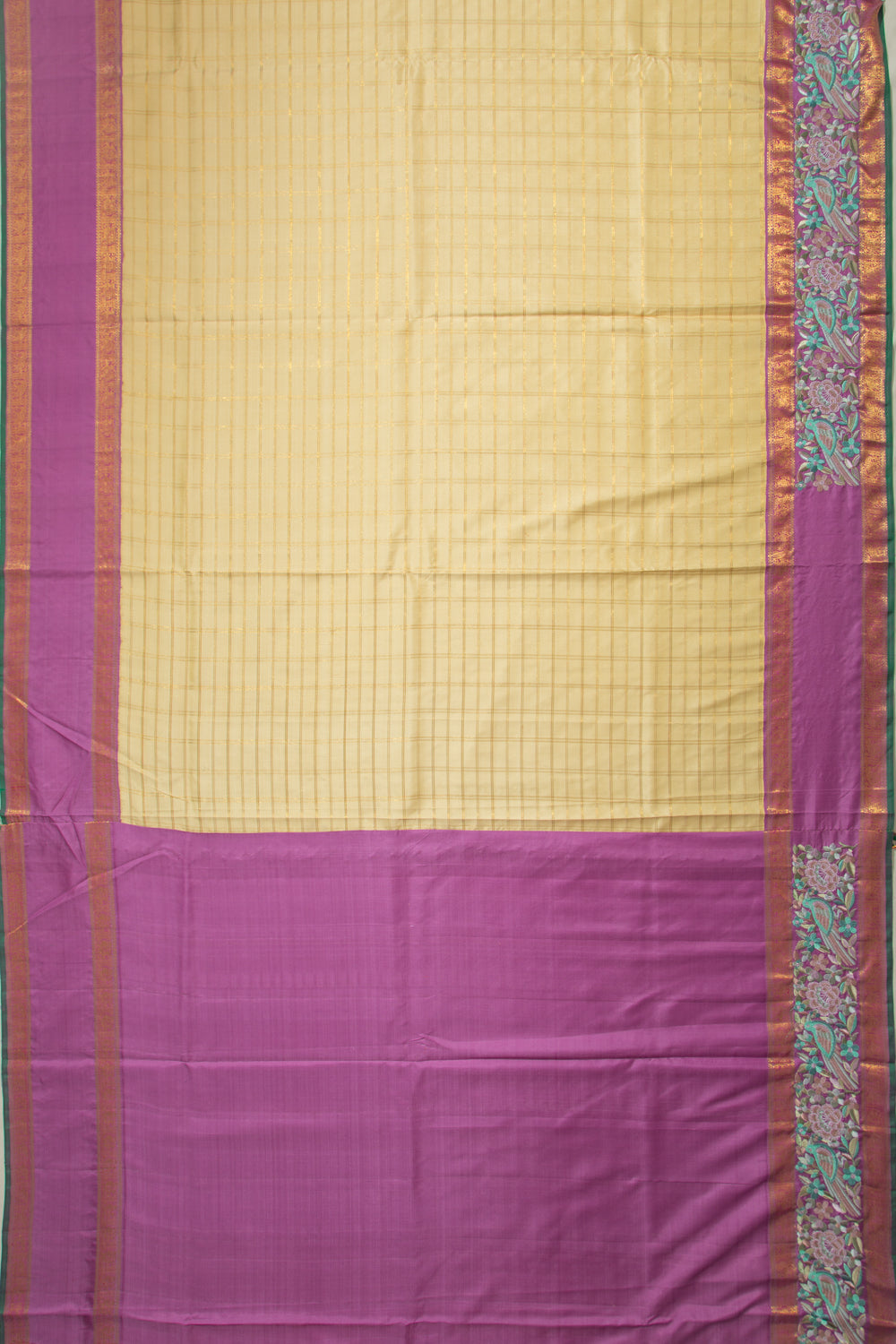 Kanchipuram Silk Checks Cream Saree With Embroidery Border
