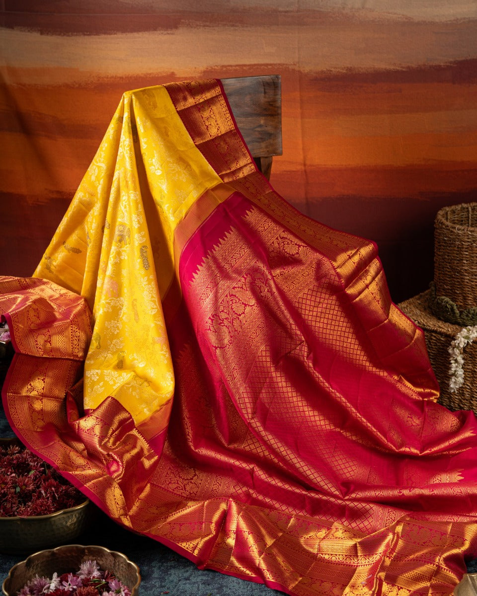 Kanchipuram Silk Brocade Yellow Saree