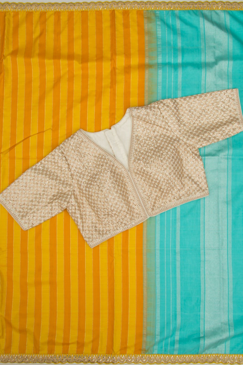 Kanchipuram Silk Vertical Lines Mustard Yellow Saree With Sequin Scallop Border