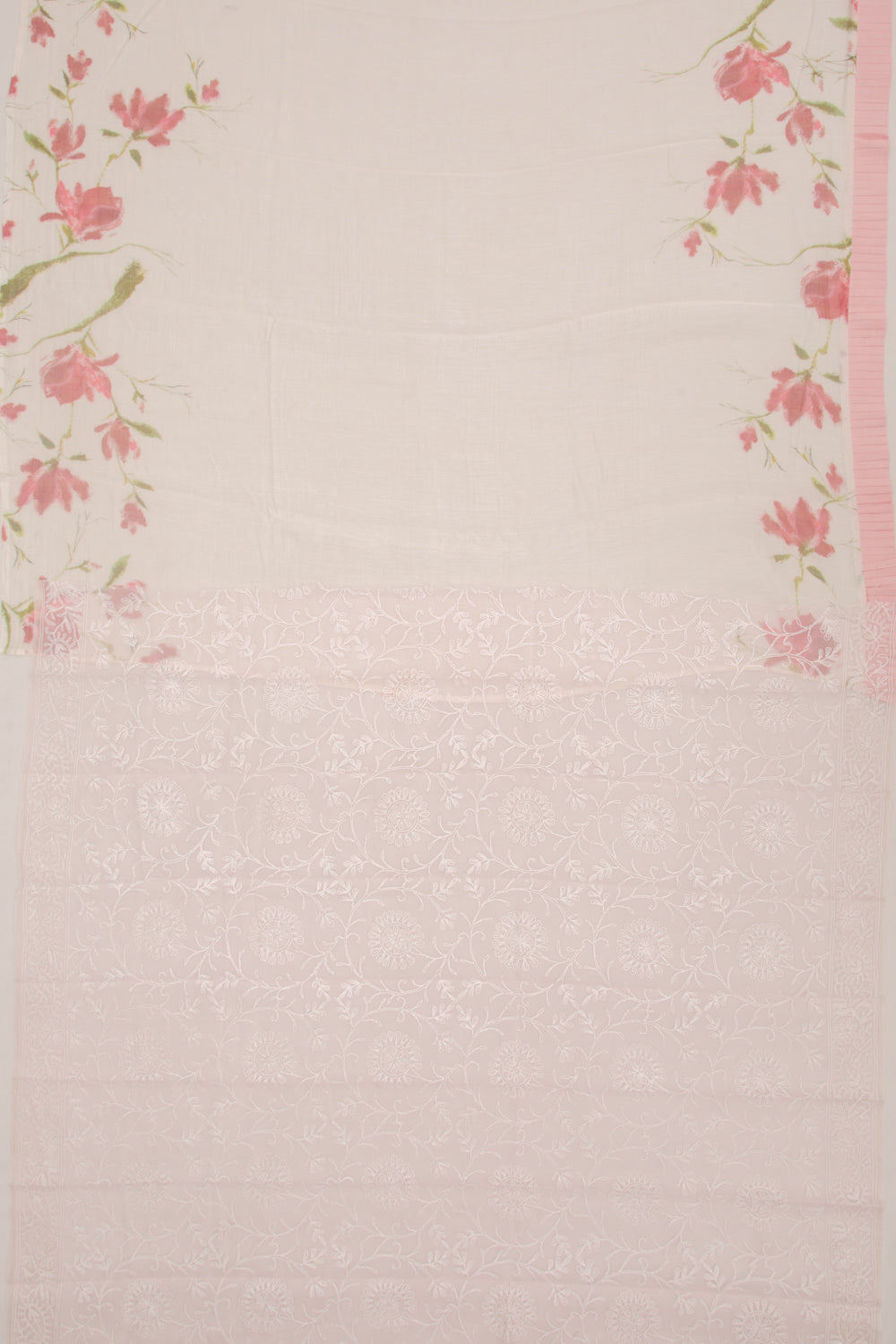 Pure Handspun Cotton Printed White Saree