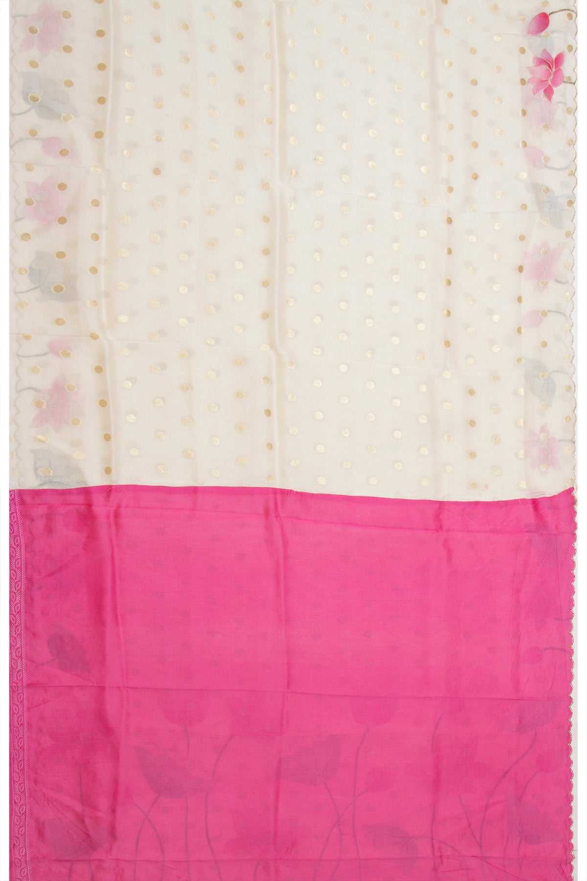 Soft Tussar Butta Cream Saree With Floral Printed Scallop Border