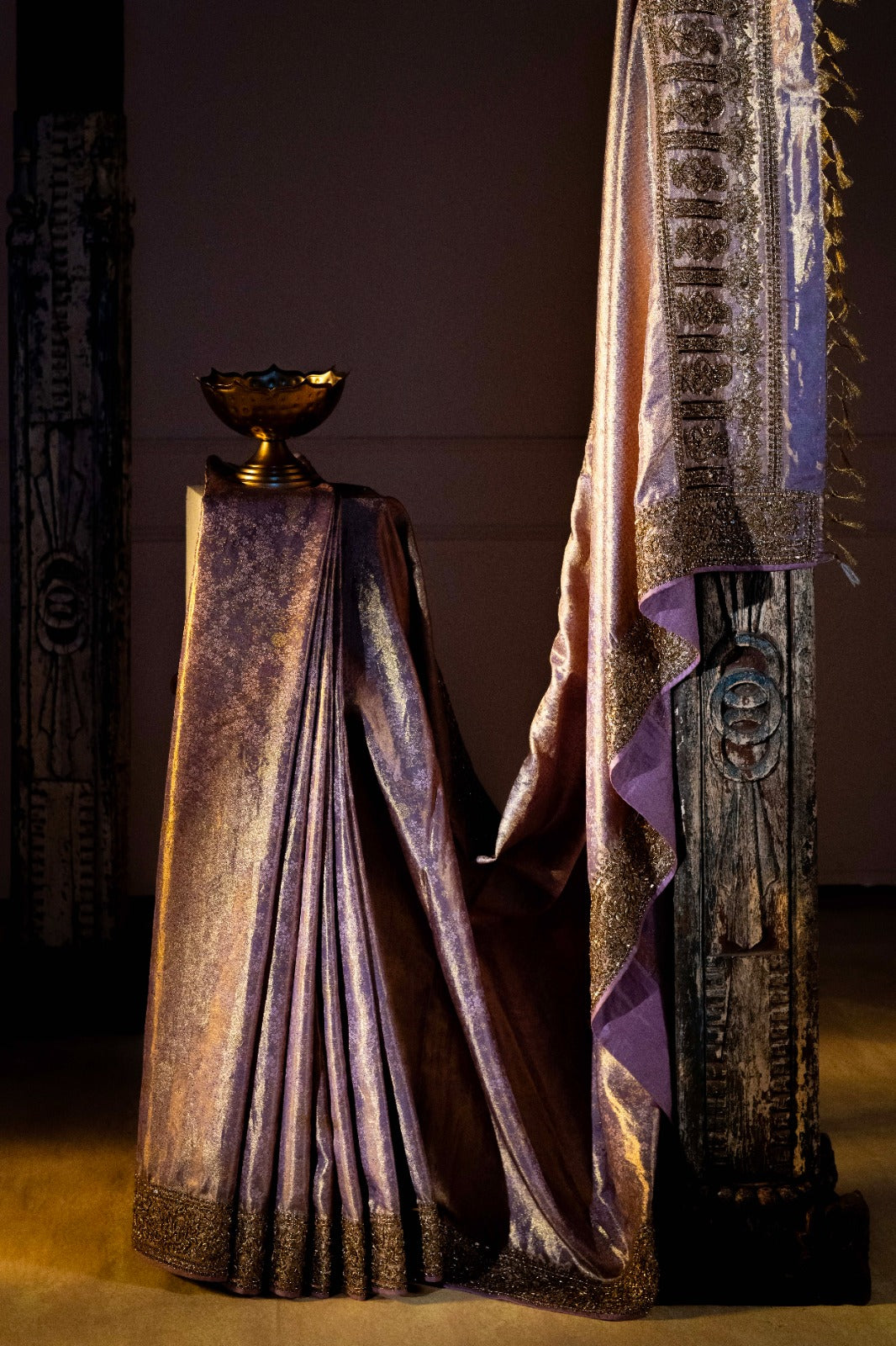 Kanchipuram Silk Tissue Brocade Lavender Saree With Zardosi Work Border