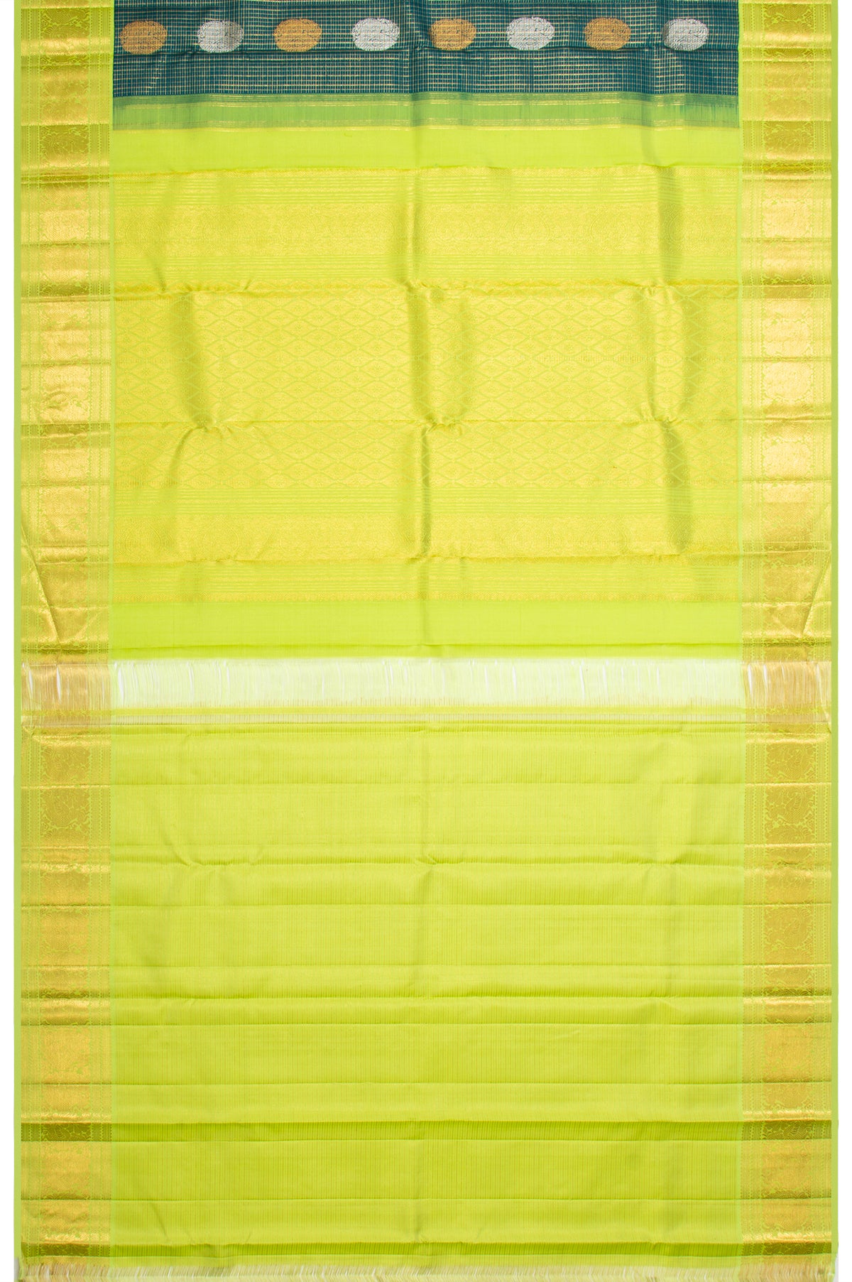 Kanchipuram Silk Checks And Butta Bottle Green Saree