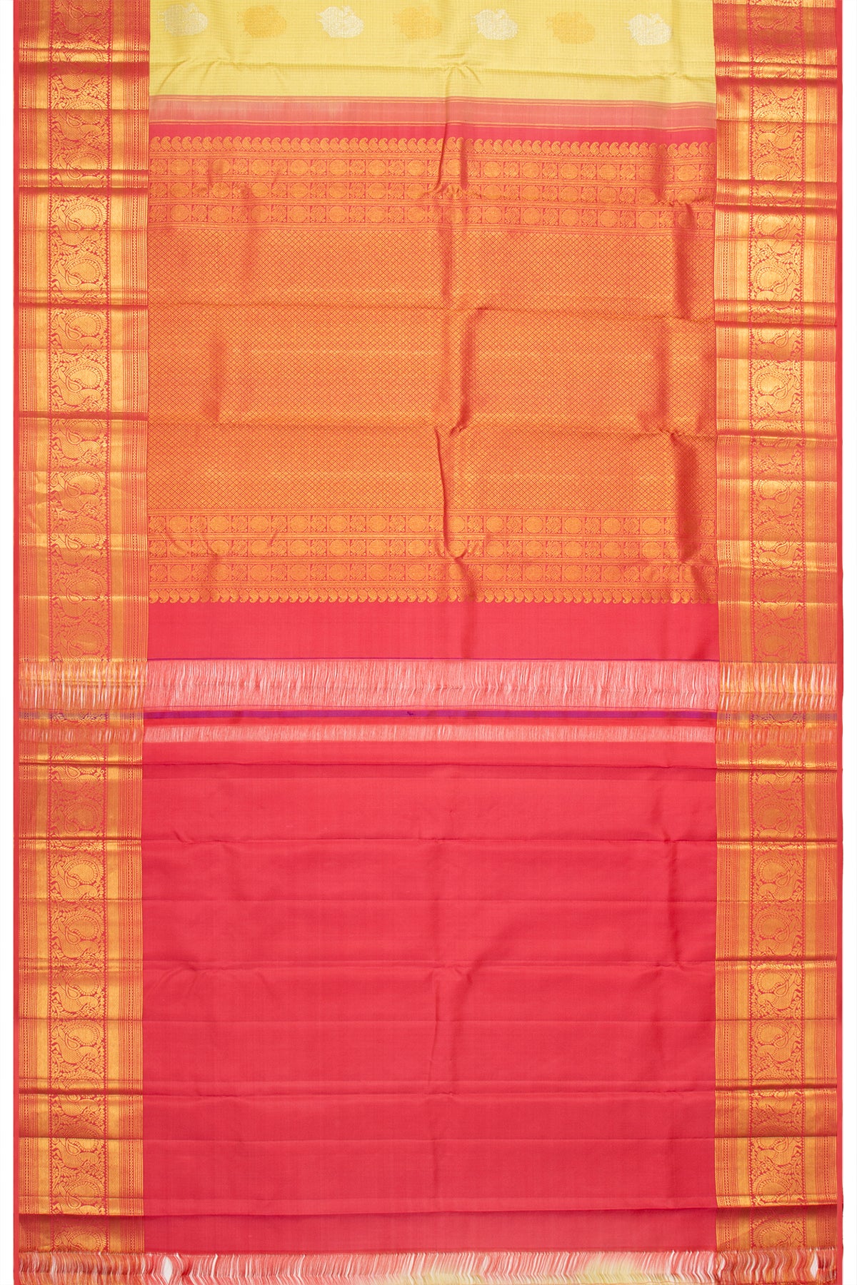 Kanchipuram Silk Checks And Butta Light Yellow Saree