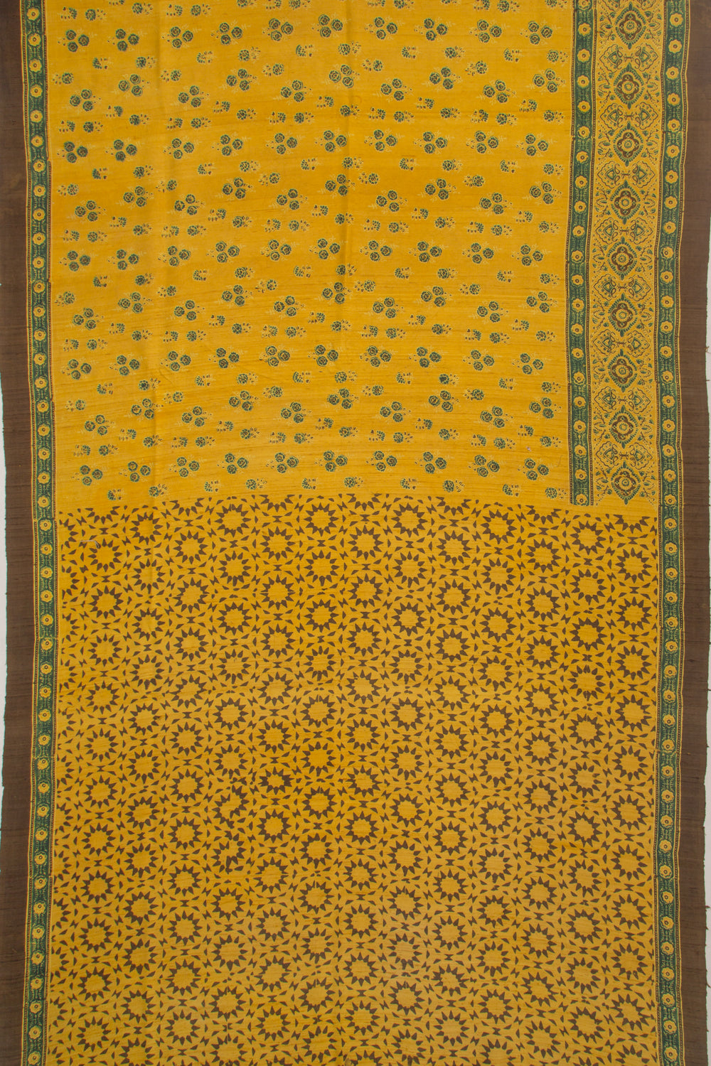 Tussar Floral Block Printed Yellow Saree