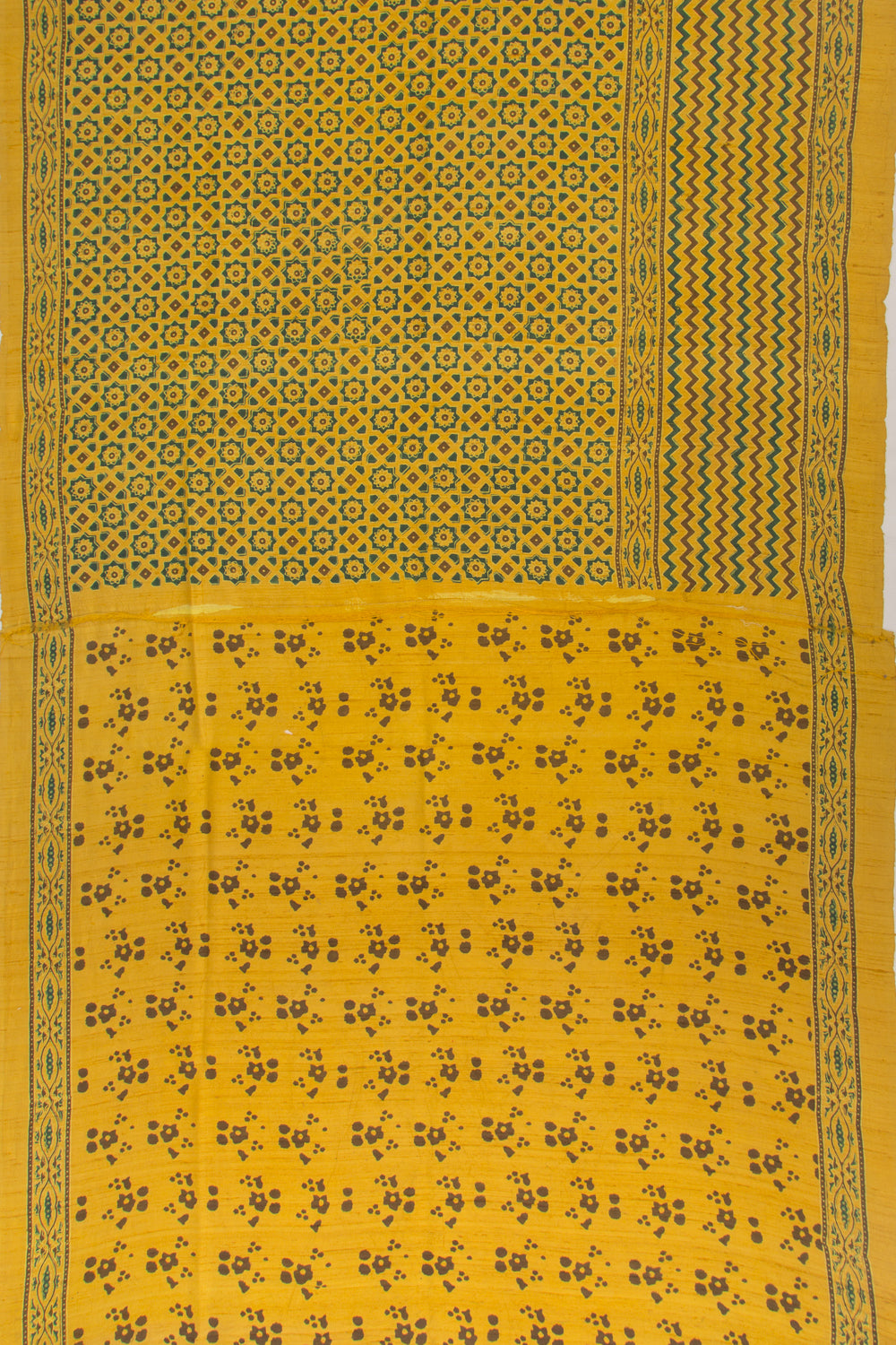 Tussar Floral Block Printed Yellow Saree
