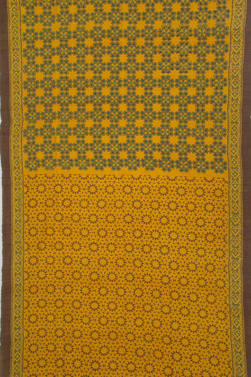 Tussar Floral Block Printed Yellow Saree
