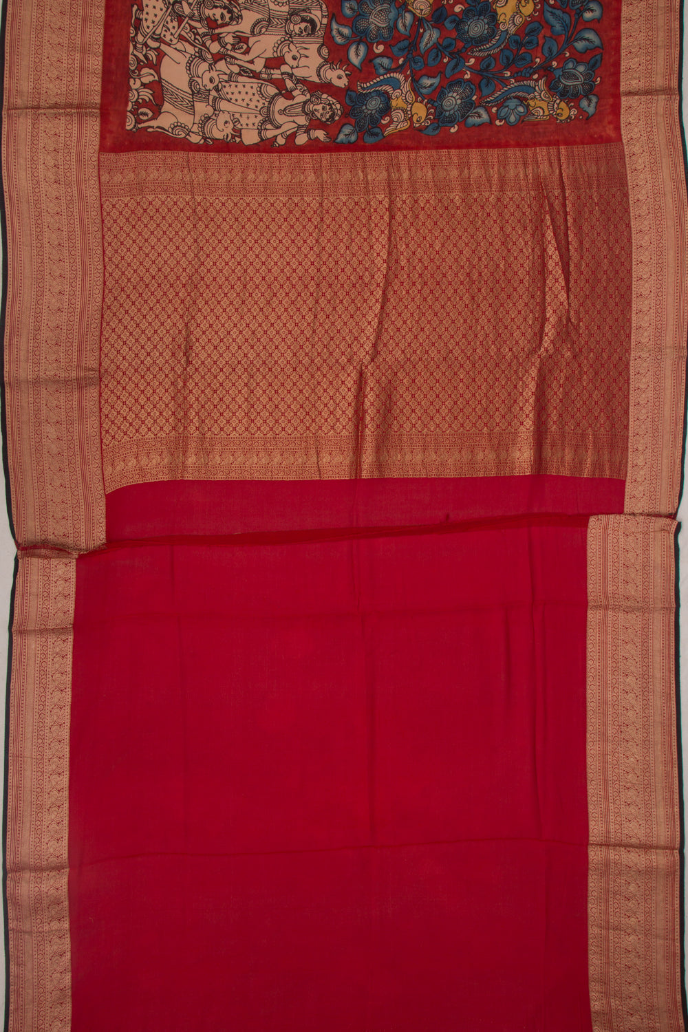 Binny Silk Pure Crepe Handpainted Kalamkari Maroon Saree