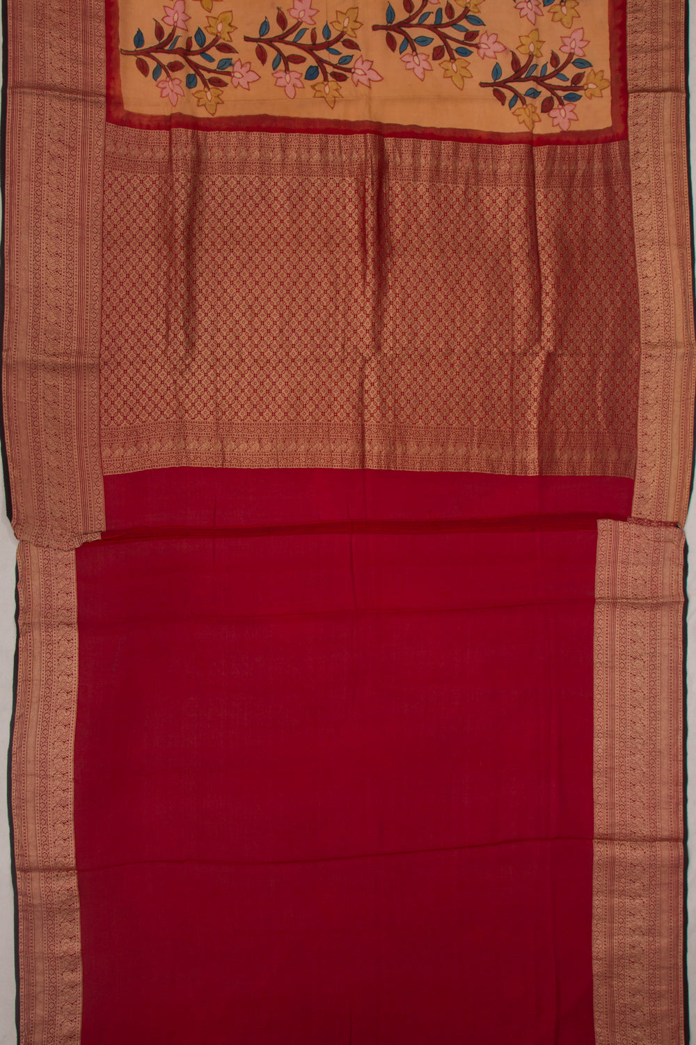 Binny Silk Pure Crepe Handpainted Kalamkari Yellow Saree