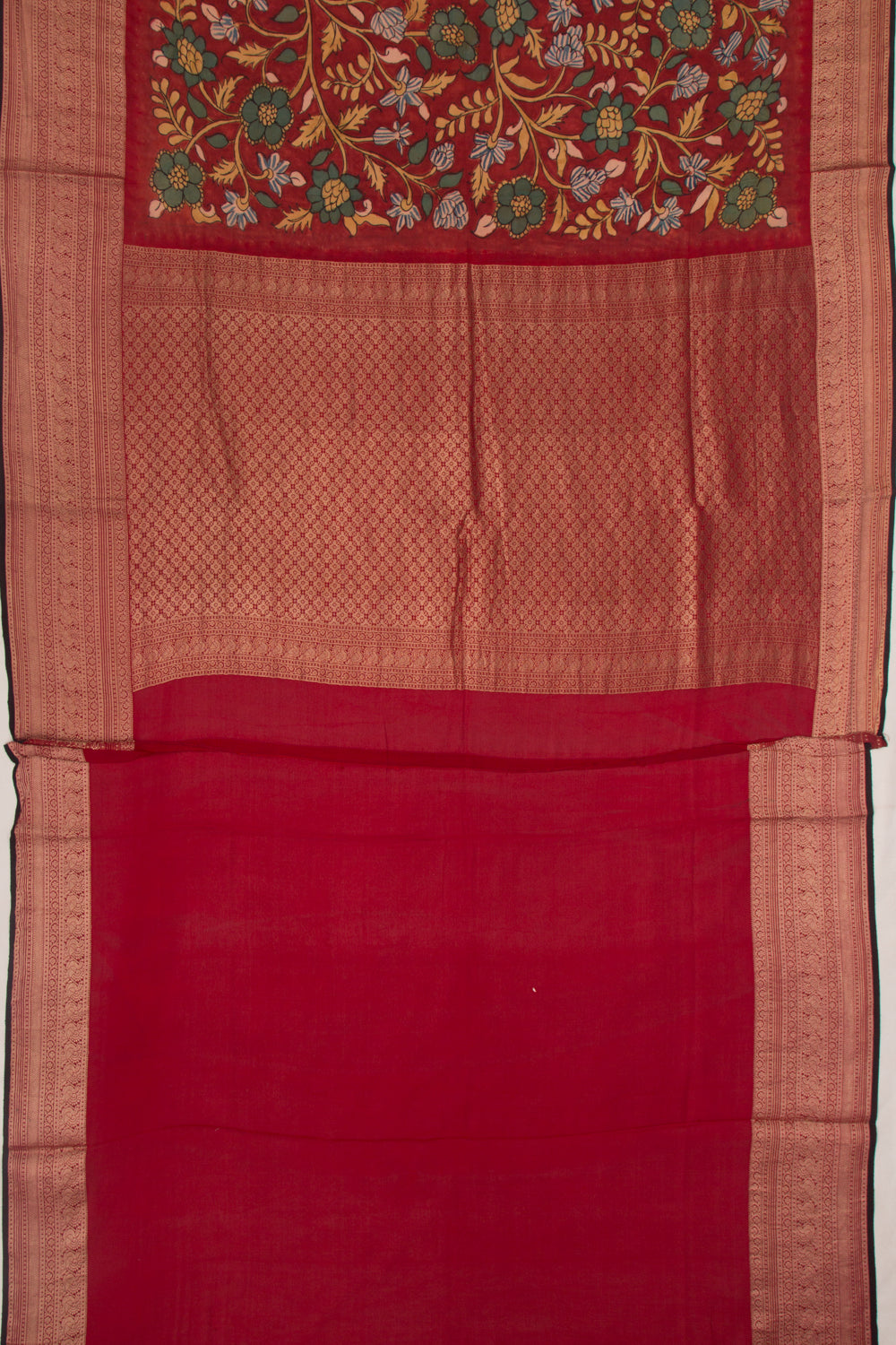 Binny Silk Pure Crepe Handpainted Kalamkari Maroon Saree