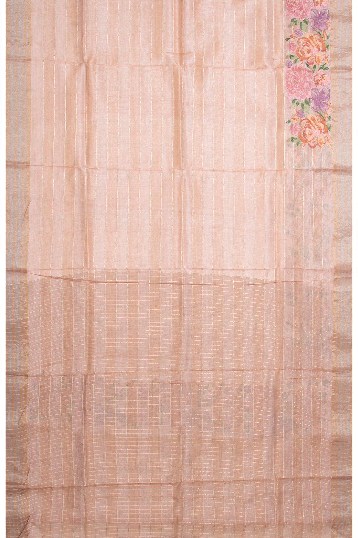 Tussar Horizontal Lines Beige Saree With Embroidery Border