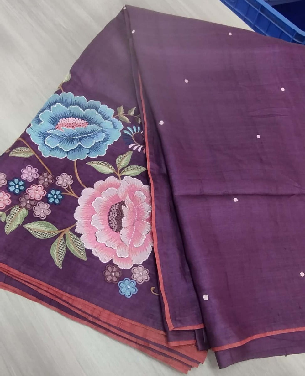 Tussar Butta Purple Saree With Multicolour Floral Embroidery Border