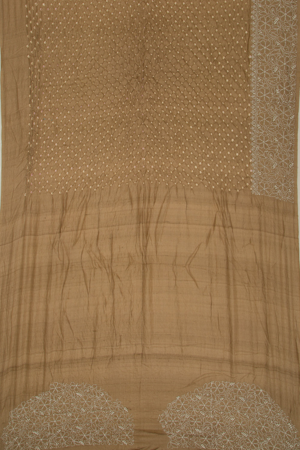 Tussar Bandhani Khaki Brown Saree With Kantha Work