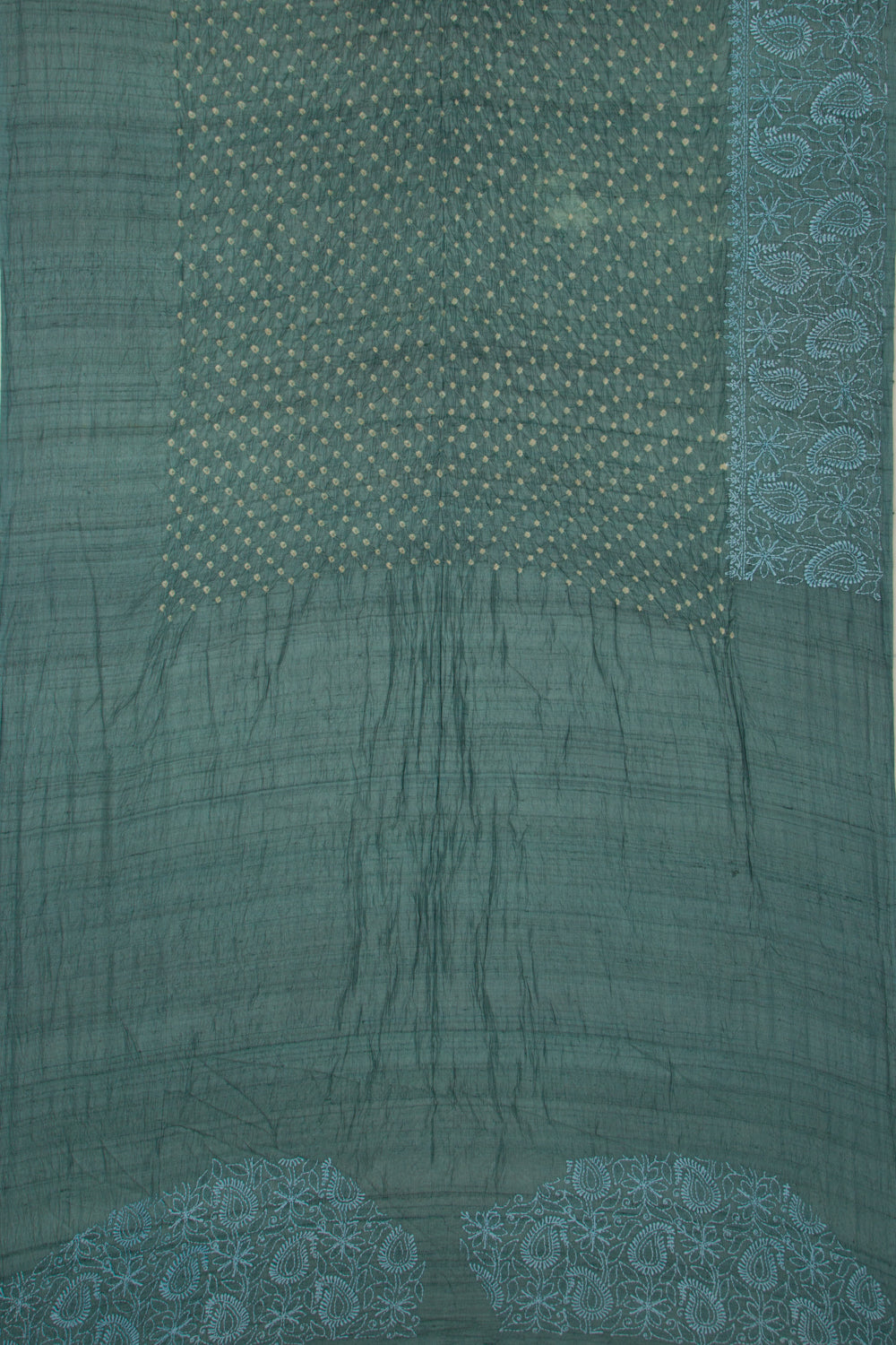 Tussar Bandhani Teal Green Saree With Kantha Work