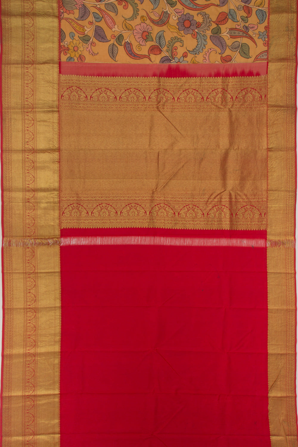Kanchipuram Silk Handpainted Kalamkari Mustard Yellow Saree