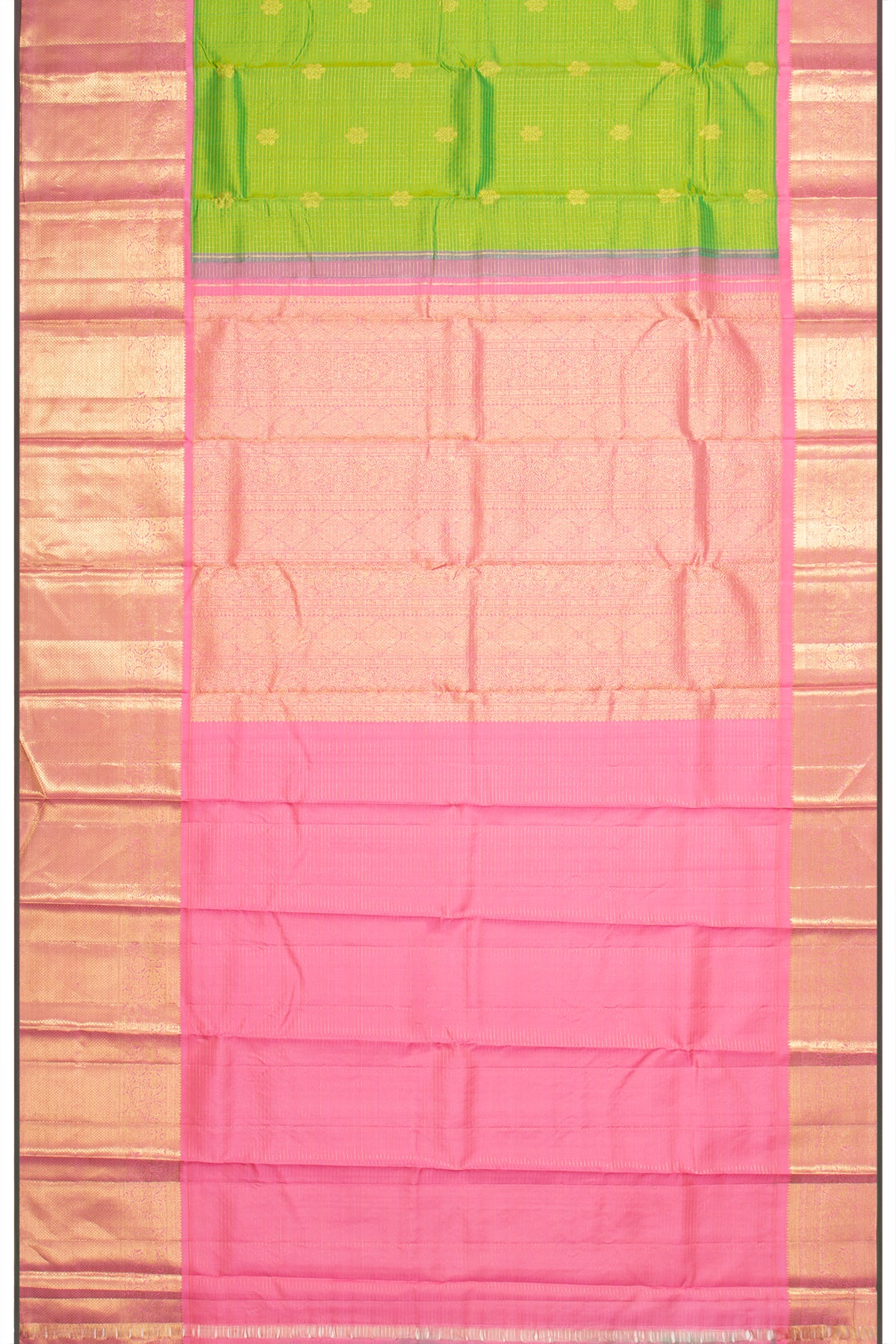 Kanchipuram Silk Checks And Butta Parrot Green Saree