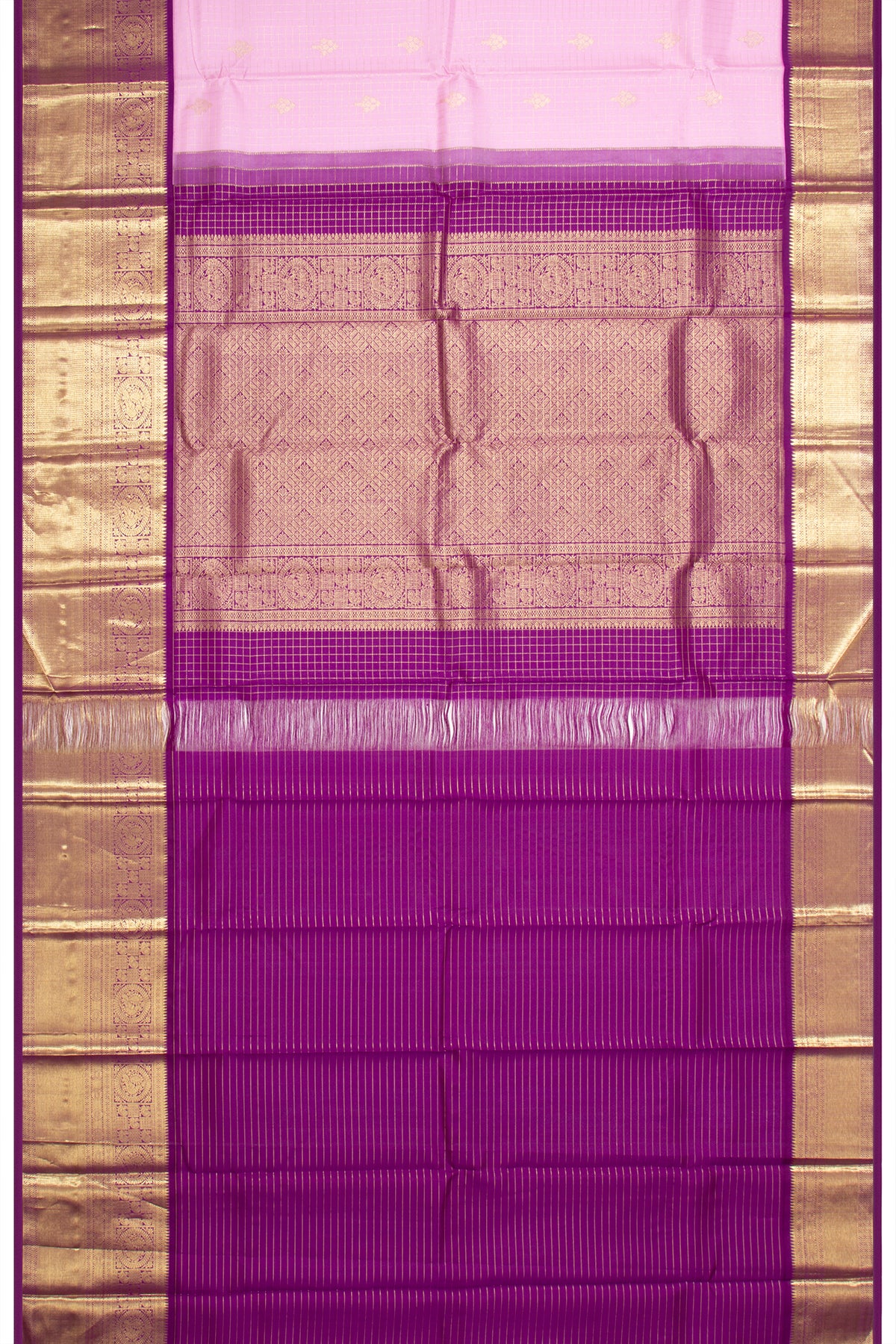 Kanchipuram Silk Checks And Butta Lavender Saree