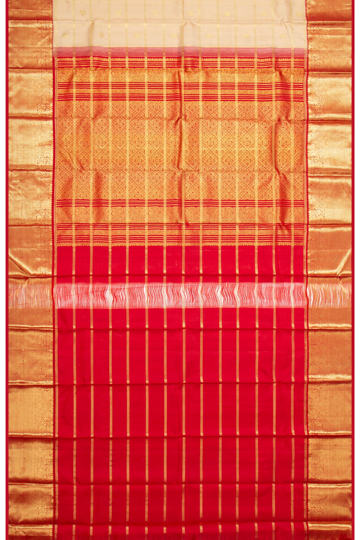 Kanchipuram Silk Checks And Butta Cream Saree