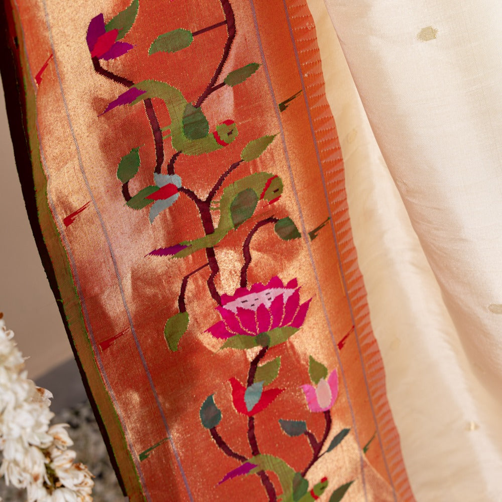 Paithani Silk Butta Off White Saree With Kamal Pushpa And Muniya Border