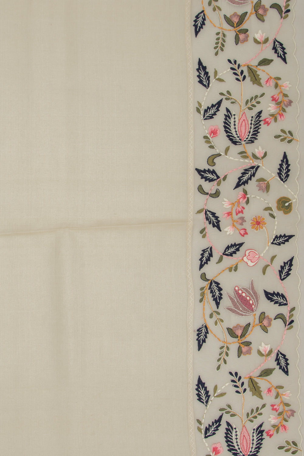 Tussar Plain Cream Saree With Organza Scallop Border