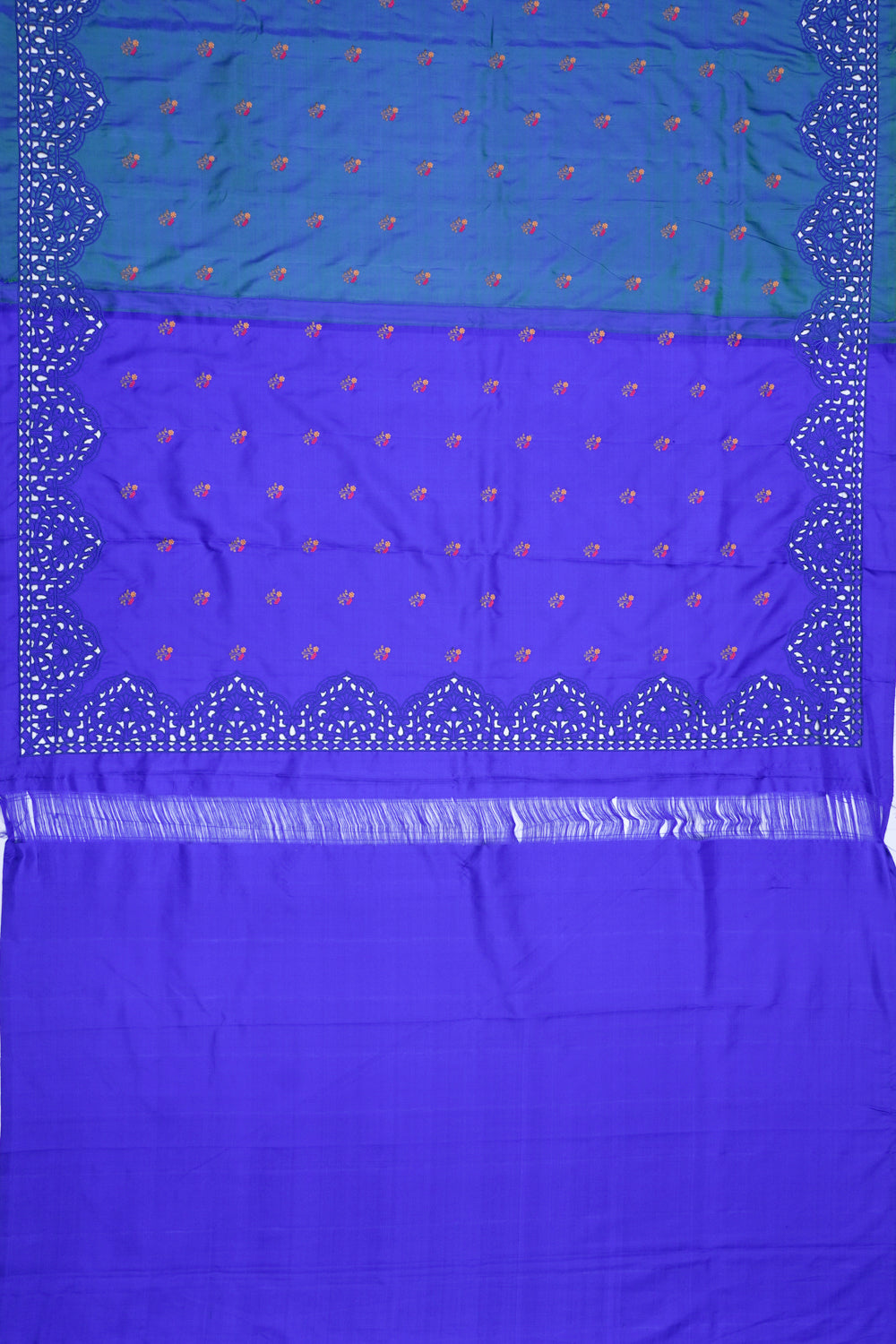Banarasi Poona Silk Embroidery Butta Blue Cutwork Border Saree