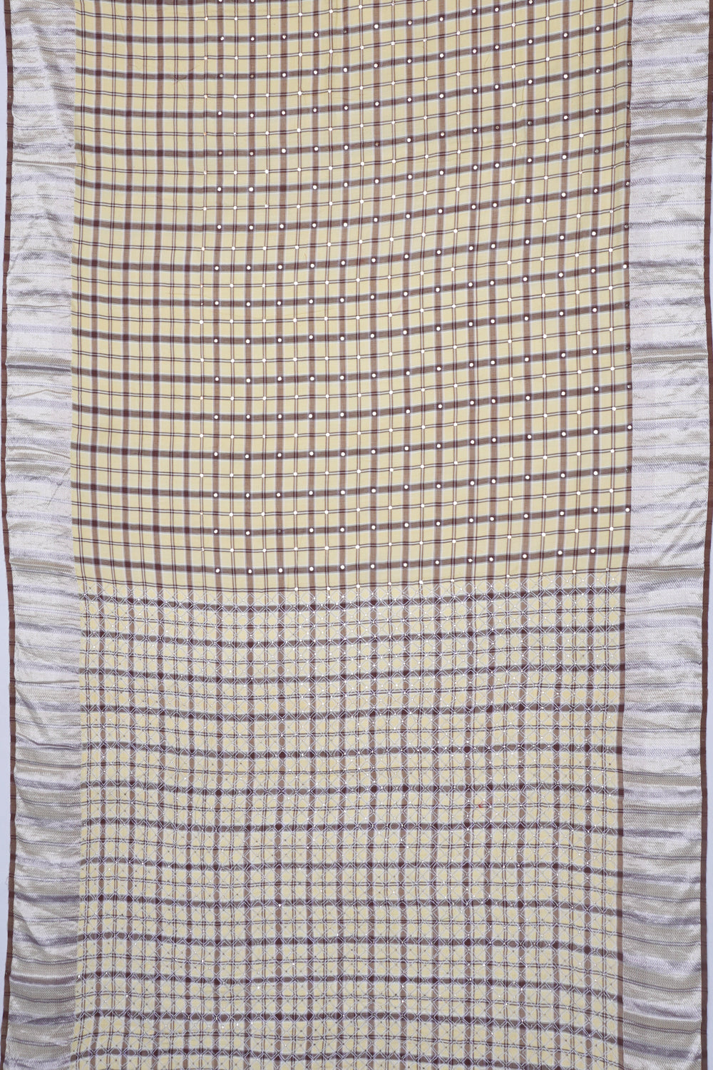 Linen Cotton Checks And Sequin Cream Saree
