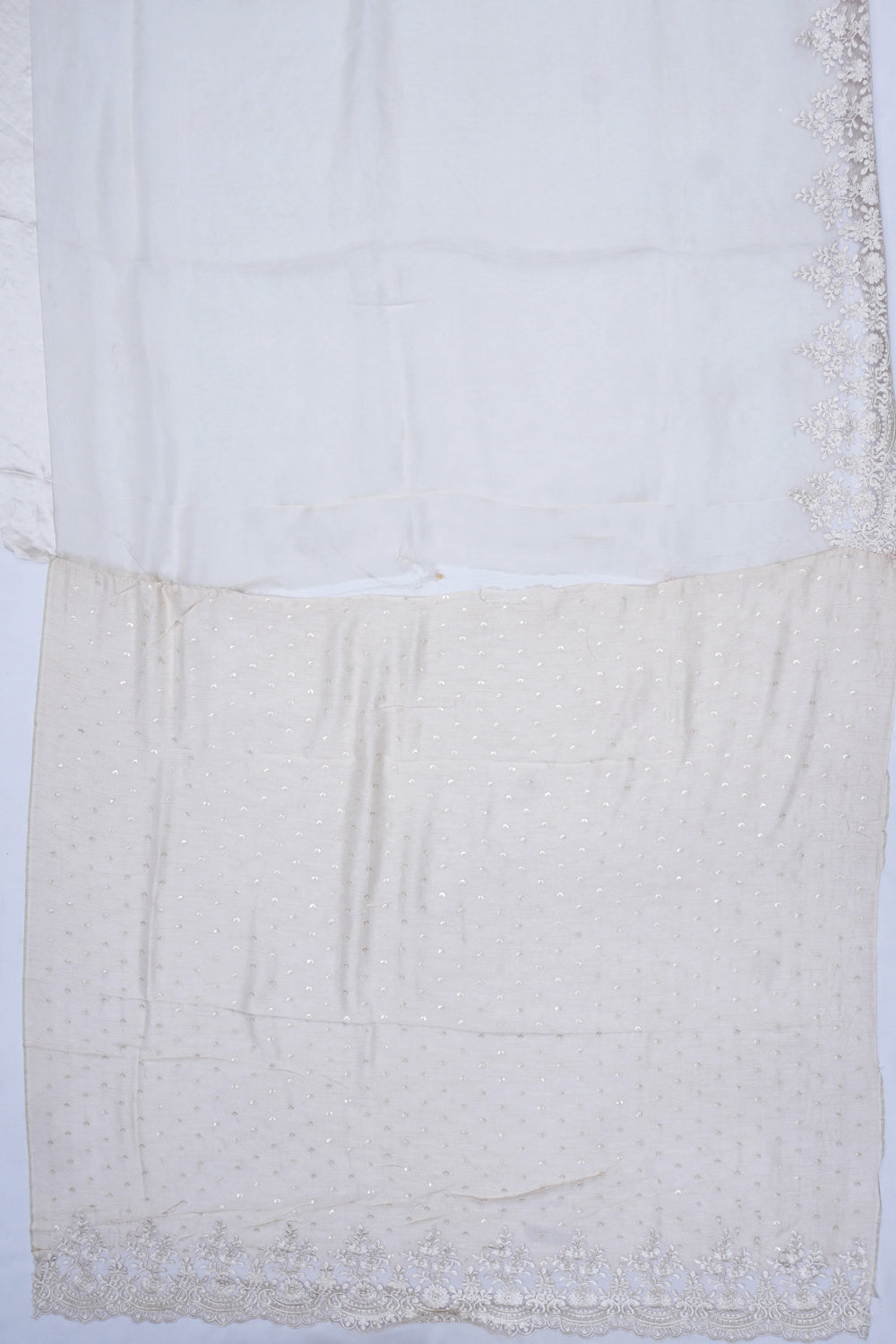 Organza Embroidery Butta Off White Saree With Scallop Border