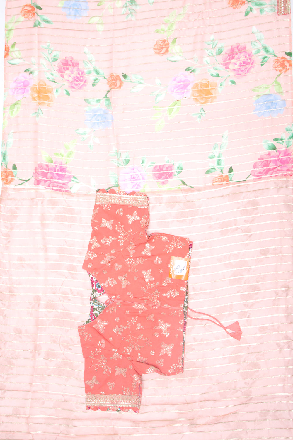Organza Floral Printed And Lines Peach Saree