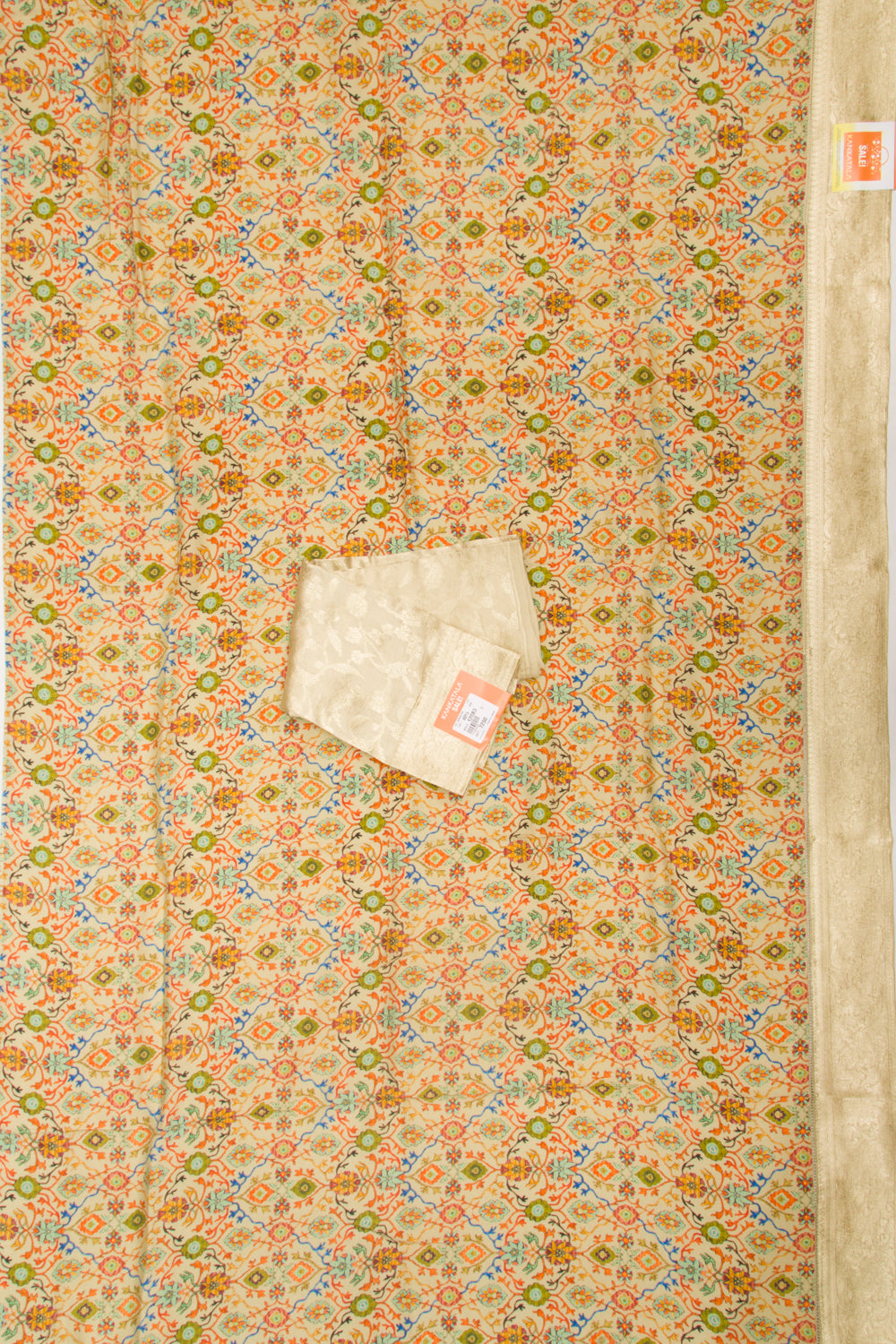 Chandaeri Silk Printed Cream Saree With Banarasi Border