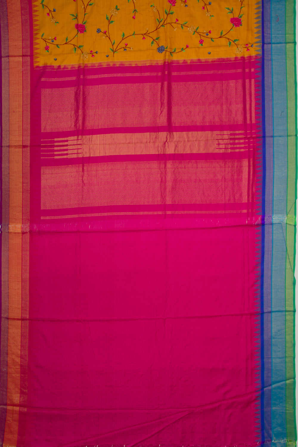 Banarasi Silk Floral Embroidery Mustard Saree With Ganga Jamuna Border