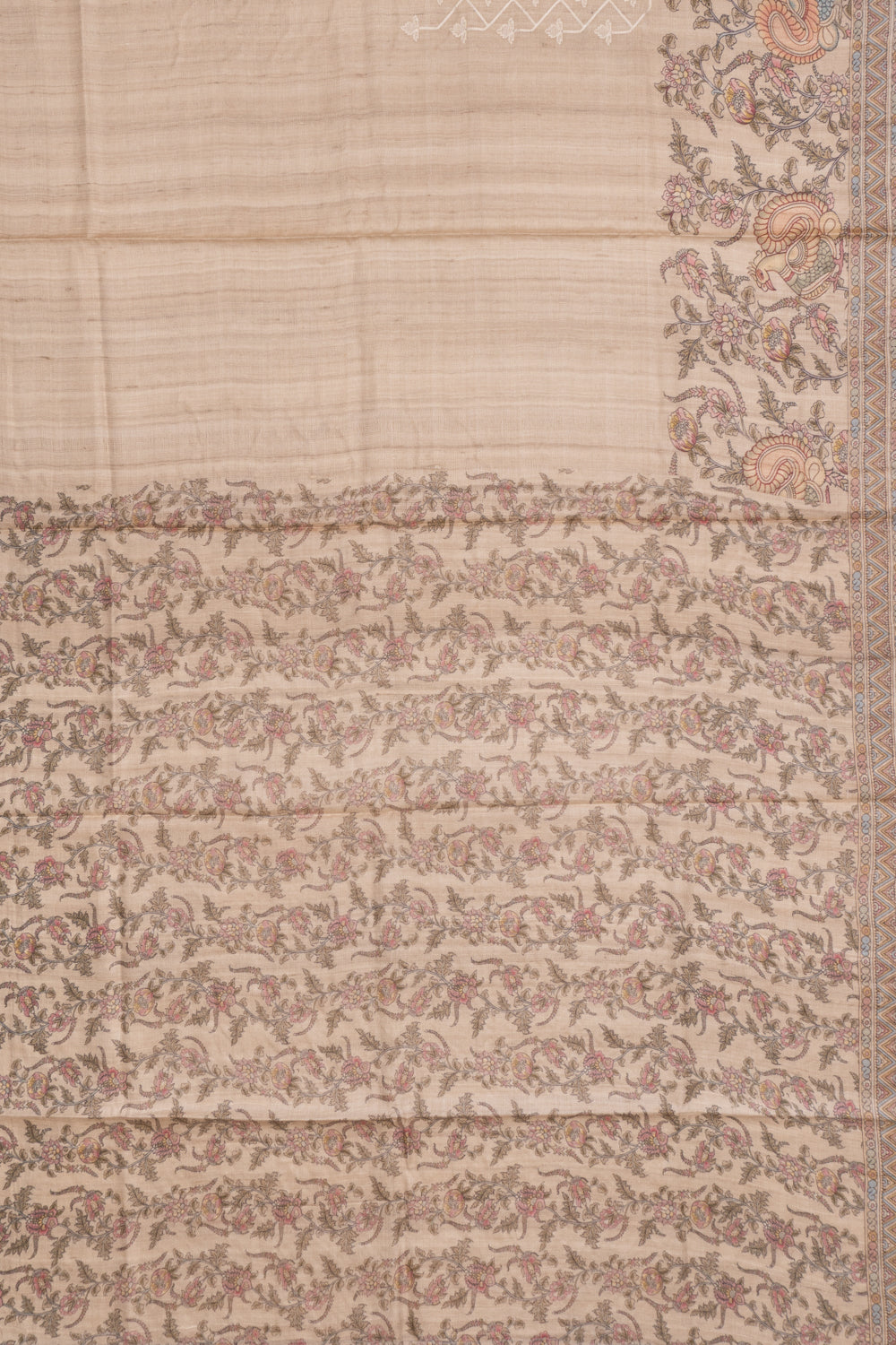 Tussar Printed And Embroidery Beige Saree