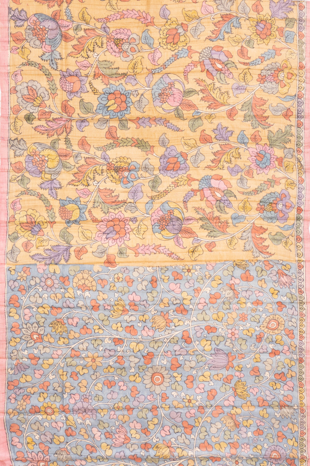Tussar Handpainted Kalamkari Yellow Saree