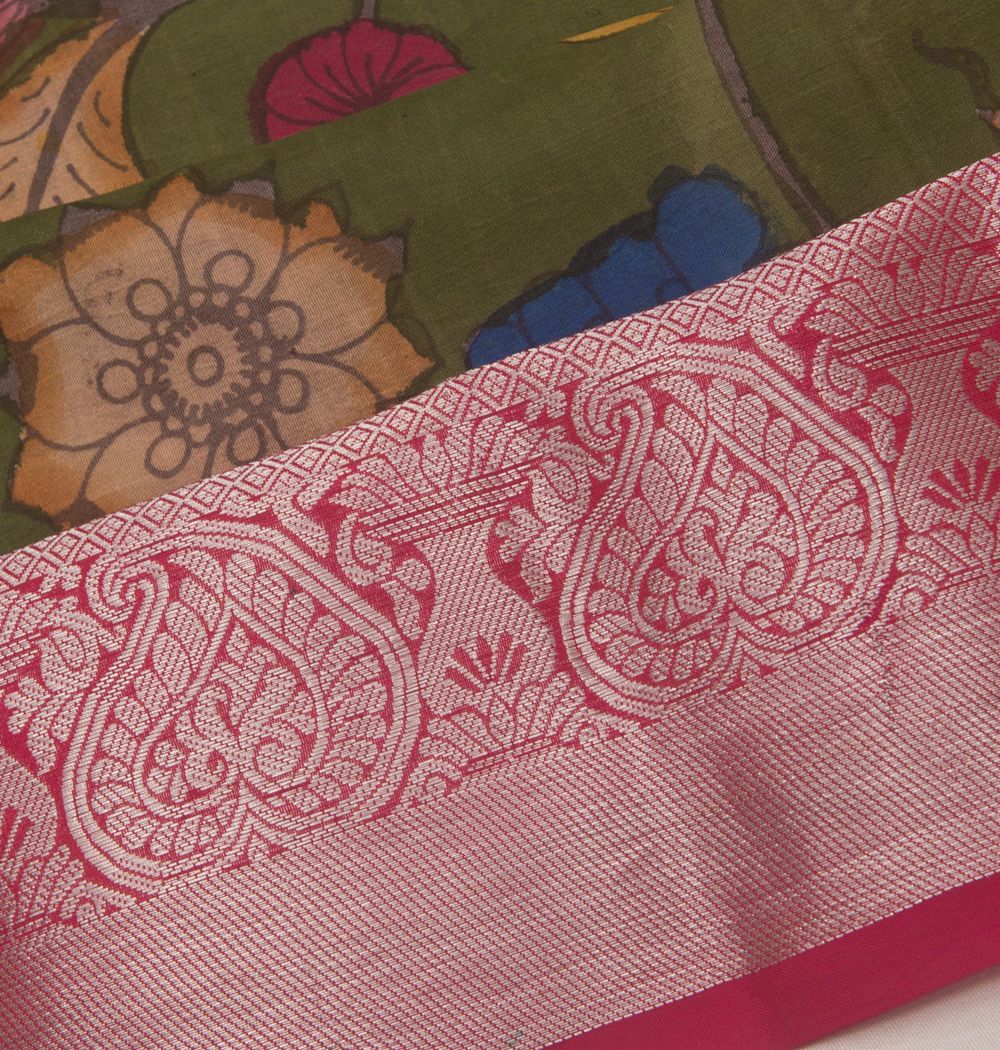 Kanchipuram Silk Handpainted Kalamkari Green Saree